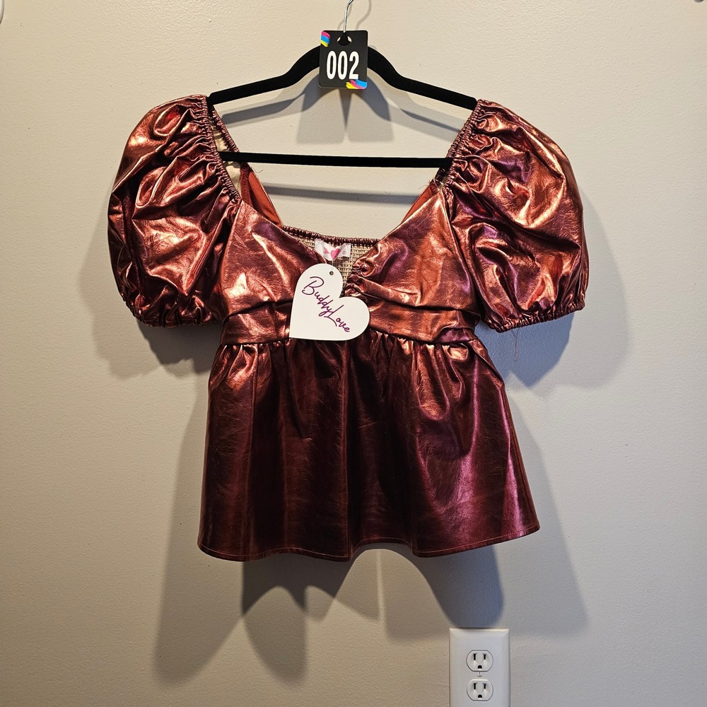 BuddyLove Houston Top Bronze Metallic Puff Sleeve Babydoll Blouse Small NWT